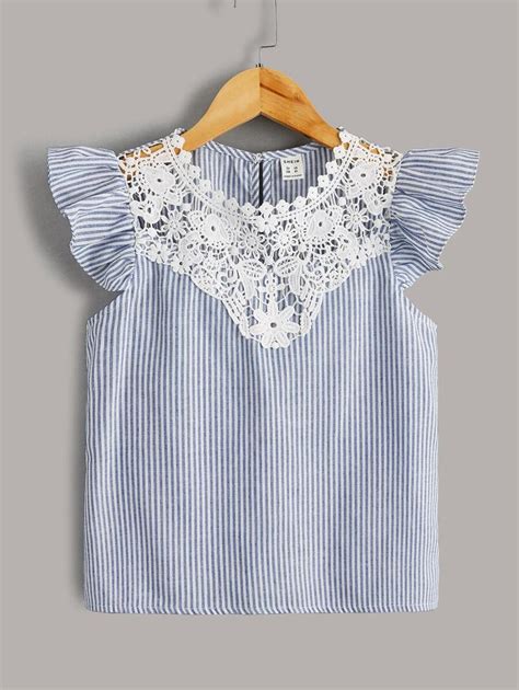 Shein Tween Girl Guipure Lace Yoke Striped Top Shein Usa