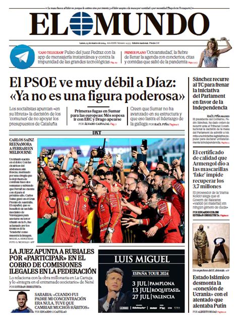 Portada De El Mundo Del Lunes De Marzo De Medios