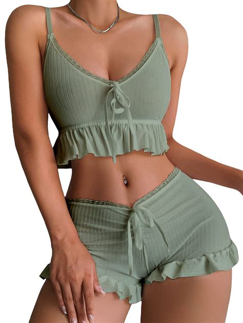 Sweatyrocks Women S Piece Lingerie Set Pajama Sets Ruffle Trim Tie Front Cami Top And Shorts