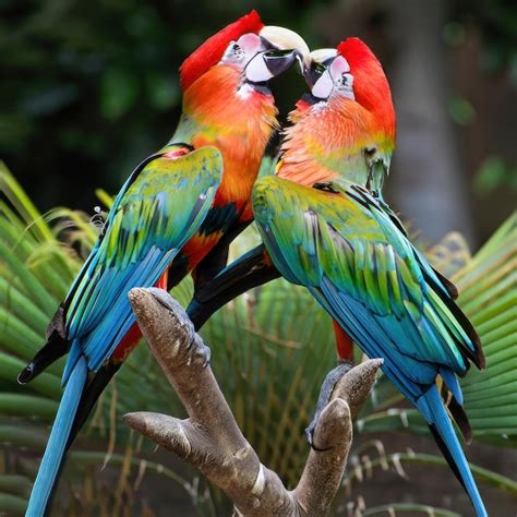 Dos loros coloridos están sentados en una rama y uno está sostenido por