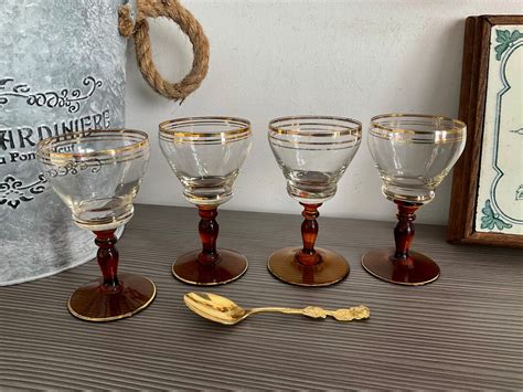 Stunning Amber Stemmed Vintage Cordial Glasses Gold Rim Etsy