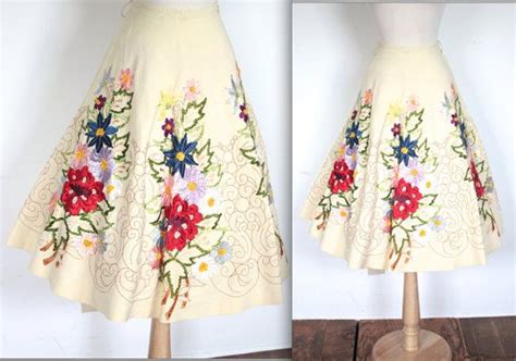 Vintage 1950s Colorful Embroidered Floral Circle Skirt Spring Fever