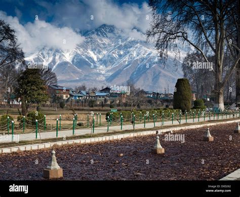 India Kashmir Srinagar Shalimar Bagh Mughal Gardens With Snow