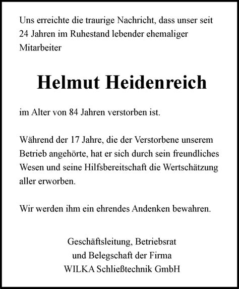 Traueranzeigen Von Helmut Heidenreich Trauer In Nrw De