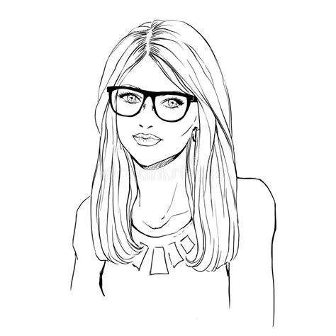 Drawings Of Cute Girls With Glasses - Vector illustration black on ...