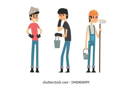 Construction Workers Set Man Builders Overalls Stock Vector Royalty