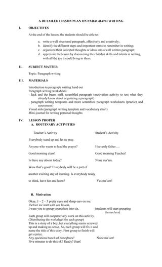 A Detailed Lesson Plan On Paragraph Writing Pdf