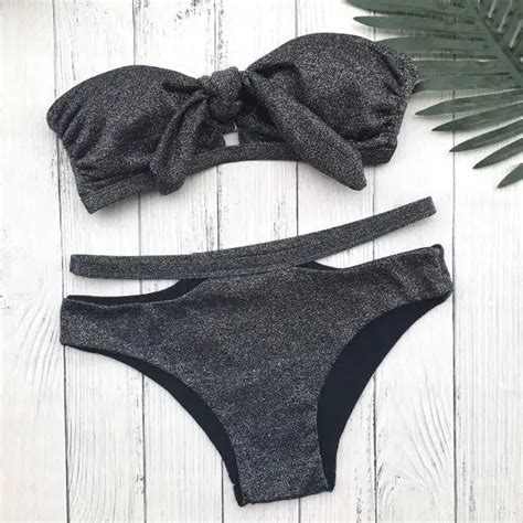 Aliexpress Buy Swimsuit New Black Shiny Bikini Set Bow Strapless Sexy Swimming Suit