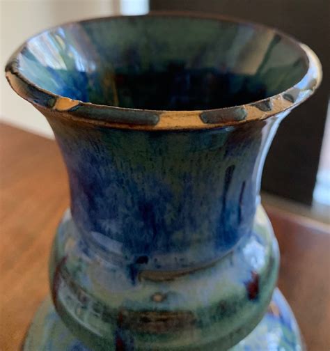 Vintage 60s Blue Glazed Ceramic Pottery Hand Crafted Vase Mid Etsy