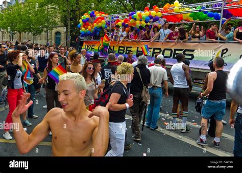 Paris France Gay Pride Parade Large Crowd People French Diverse Teens Partying On Street At
