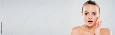 Horizontal Image Of Surprised And Naked Woman Touching Face Isolated On Grey Stock Photo Adobe