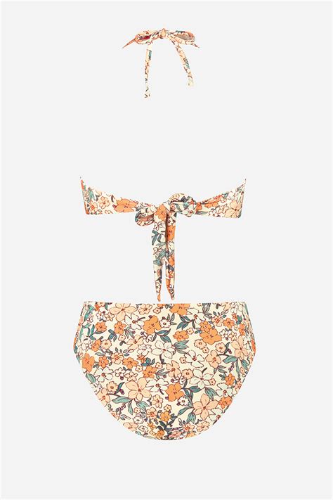 Ditsy Floral Smocked Tie Back Bandeau Mid Rise Bikini Set