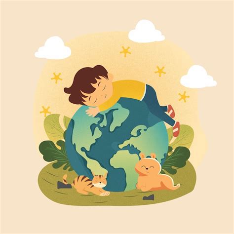 Ilustración vectorial de un niño abrazando el planeta Tierra para