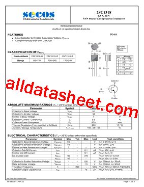 2SC1318 Datasheet PDF SeCoS Halbleitertechnologie GmbH