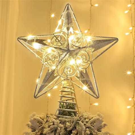 Juegoal Star Tree Topper With 20 Led Lights Silver Lighted Treetop