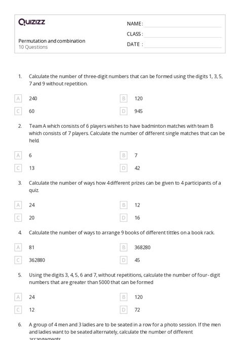 50 Permutation And Combination Worksheets For 10th Grade On Quizizz