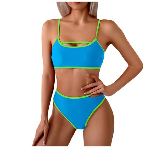 CBDElite Women Piece Bikini Set Summer Color Block Sport Swimsuit Spaghetti Strap Bathing