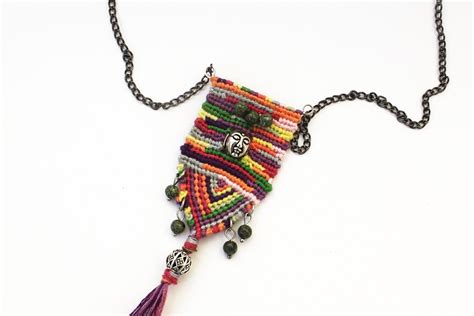 Handwoven Boho Pendant Necklace With Beads Tapestry Weaving Fiber