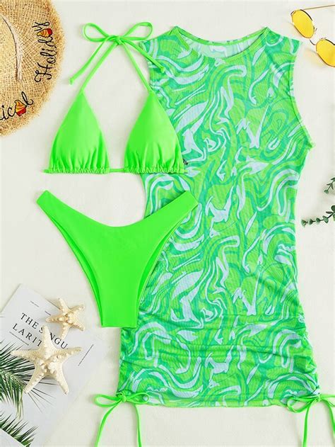 SHEIN Swim Vcay Marble Print Bikini Set Triangle Bra Hipster Bottom Cover Up Dress Piece