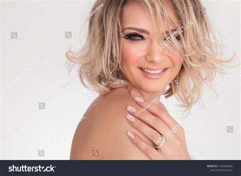 Side View Smiling Blonde Woman Touching Stock Photo 1160064826 Shutterstock