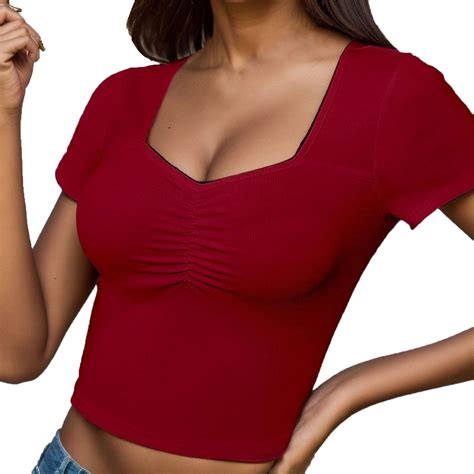 Szxzygs Womens T Shirts V Neck Long Womens Sweetheart Neck Short Sleeve Crop Top Slim Fit Low