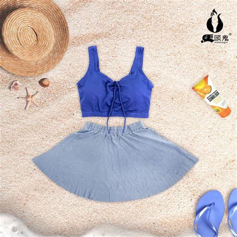 Baju Renang Sexy Two Peach Rok Hot Spring Model Bikini Korea Simple Look Fesyen Wanita
