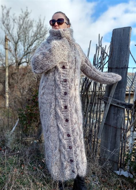 Mohair Cardigan Turtleneck Long Chunky Hand Knit Cable Sweater 4