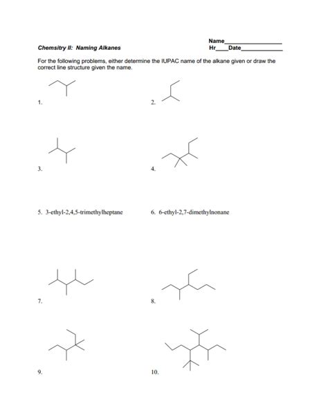 Alkane Nomenclature Worksheet for 9th - 12th Grade | Lesson Planet