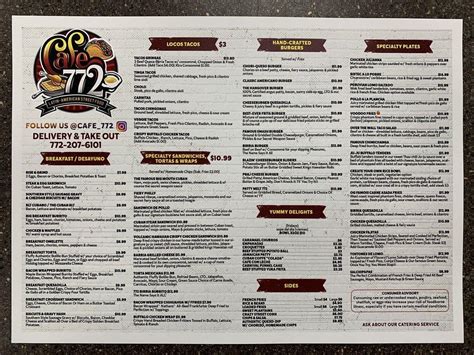 Menu at Cafe 772, Port St. Lucie