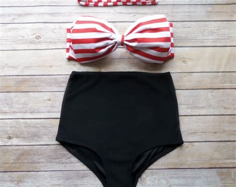 Bow Bandeau Bikini Vintage Style High Waisted Pin Up Etsy