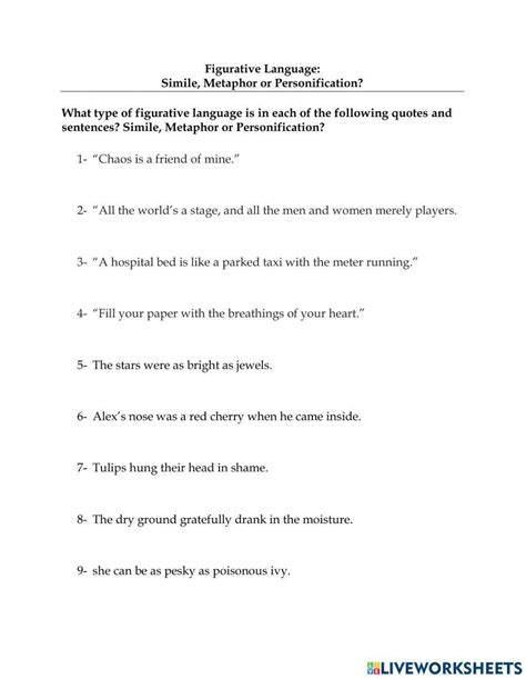 Free Simile Metaphor Personification Hyperbole Worksheet Download Free