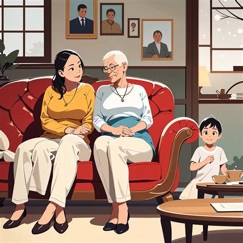 Illustration of a woman and a child sitting on a couch in a living room