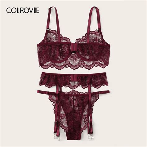 COLROVIE Burgundy Floral Lace Garter Sexy Lingerie Set Women Intimates