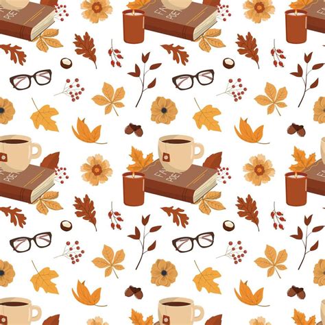 Cozy Autumn Seamless Background Hot Drink Book Glasses Flowers And Leaves Isolated On White