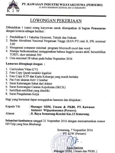 Lowongan Kerja Pt Kawasan Industri Wijayakusuma Persero Hingga