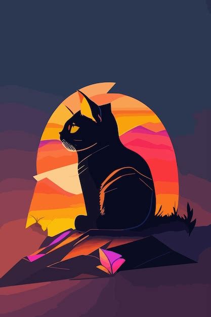 Un Gato Se Sienta En Una Roca Frente A Una Puesta De Sol Vector Premium