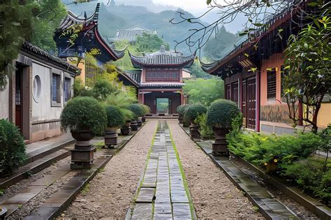 Premium Photo A Walkway Between Two Buildings With Trees And Bushes