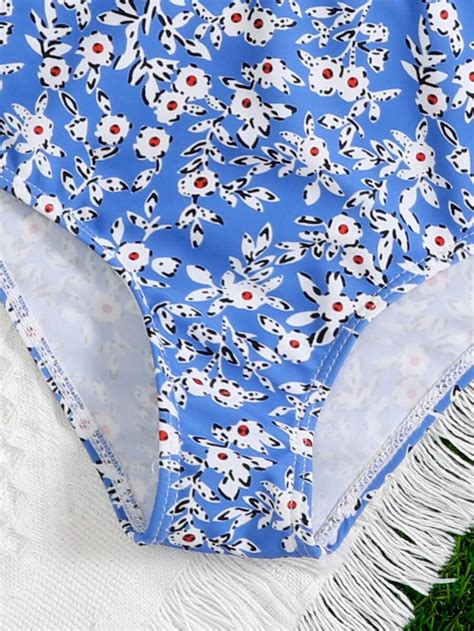 Conjunto de Maiô Bikini Ombro Caído e Estampa Floral Miúda para Verão na Praia SHEIN Brasil