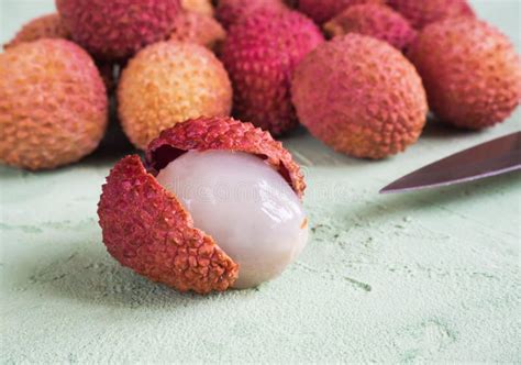 Ripe Lychees On A Green Table Top View Stock Image Image Of Eating