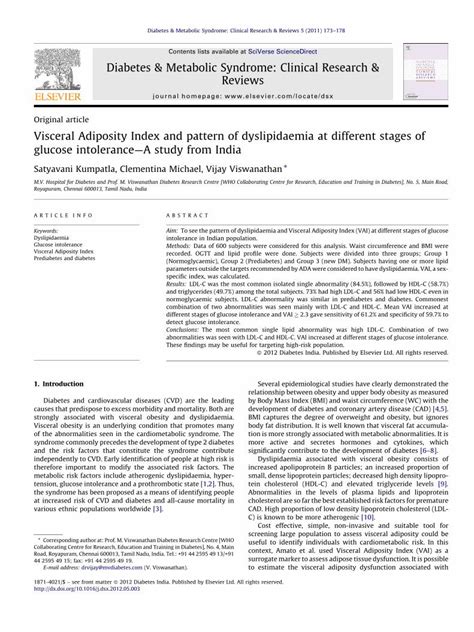 PDF Visceral Adiposity Index And Pattern Of Dyslipidaemia At