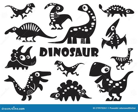 Dinosaurs Silhouette Isolated On White Cartoon Vector Cartoondealer