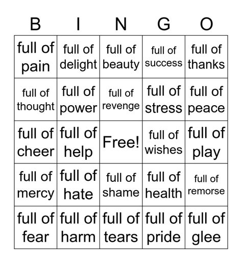 Suffix Full Bingo Card