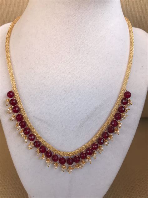 Cz Stones Mesh Chain With Ruby Beads With Pearls Simple Chain Beaded