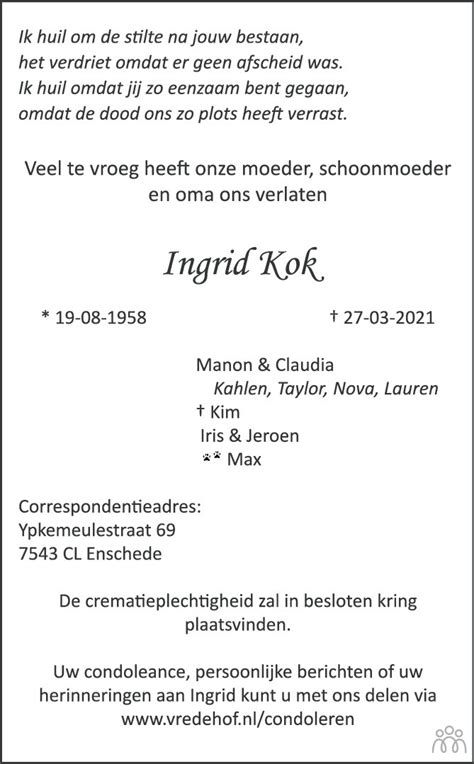 Ingrid Kok 27 03 2021 Overlijdensbericht En Condoleances Mensenlinq Nl