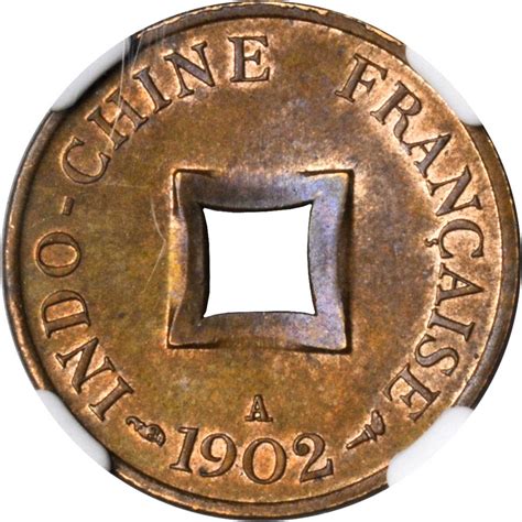 FRENCH INDO CHINA 2 Sapeque 1902 A Paris Mint NGC MS 63 Brown