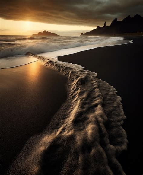 Premium AI Image | A black sand beach with a sunset in the background.