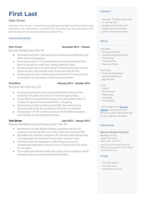 Uber Driver Resume Example for 2023 | Resume Worded