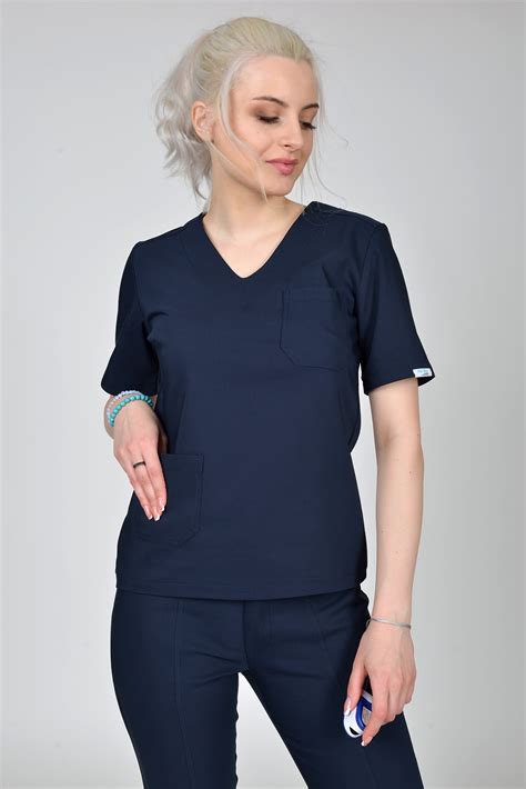 Bluzka Medyczna Damska Scrubs Basic Navy Blue Odzie Medyczna