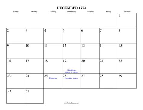 December 1973 Calendar