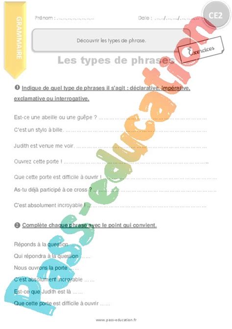 Exercice Phrase Types De Phrase CE2 Cycle 2 Pass Education